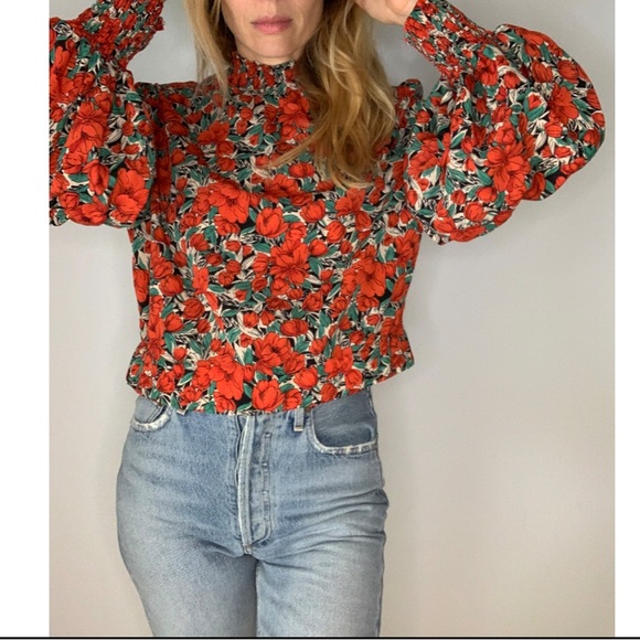 Vintage Floral Rose Cropped Puff Sleeve 70s Style Statement Party Blouse - Picture 4 of 15